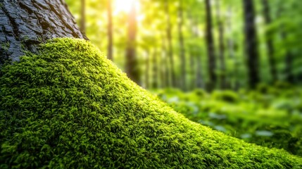 A tree trunk covered in green moss