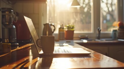 Fototapeta premium Cozy Work Setting at Home with Laptop and Coffee