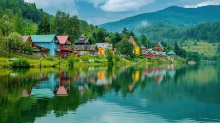 Fototapeta premium Charming Mountain Village by a Crystal Clear Lake