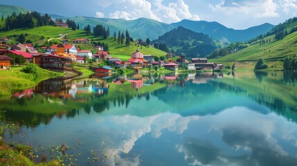 Charming Village Reflection in Crystal Clear Mountain Lake