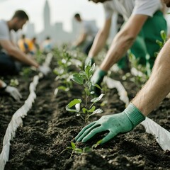 Naklejka premium A group of people are planting trees in a field