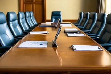 Modern Conference Room Interior with Wooden Table and Leather Chairs