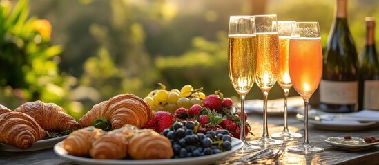 Four glasses of champagne, two bottles of wine, croissants, grapes and strawberries.
