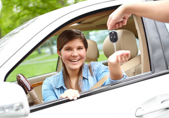 Happy girl, portrait and car with keys for license, asset or vehicle privileges in neighborhood....
