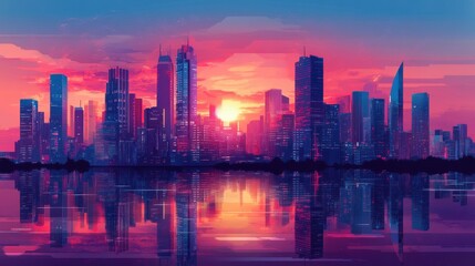 Fototapeta premium Stylized vector illustration of the skyline of a futuristic metropolis at dusk. With skyscrapers reflecting the sunset and the bustling life of the city below