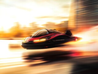 Obraz premium Futuristic Hovercraft Gliding Over Water: A Stunning Urban Skyline Reflection - Perfect Poster for Sports Interiors and Modern Spaces