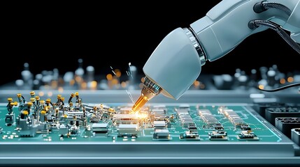 Robotic arm meticulously assembling various high tech gadgets and devices in a modern automated factory environment with futuristic digital elements