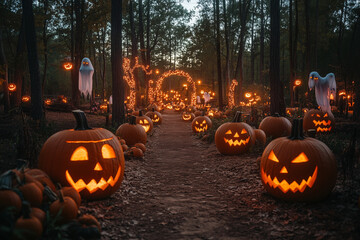 Fototapeta premium A spooky forest filled with glowing jack-o'-lanterns, colorful ghosts, and bright moonlight streaming through the trees.
