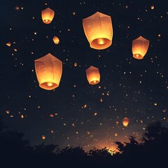 hundreds of glowing lanterns floating into a dark sky