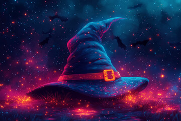 A cartoon-style witch's hat with a bright orange buckle, surrounded by glowing stars and bats.