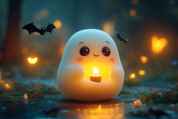 A friendly ghost holding a cartoon candle, glowing brightly in a dark room with cute bats flying overhead.