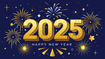 Happy New Year 2025 Glittering Gold Fireworks Stars and Champagne Bubbles Rising Background Vector