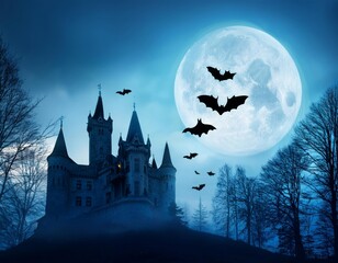 Fototapeta premium Cartoon image of a castle on a full moon night in the forest with bats. Looks scary, Generative AI