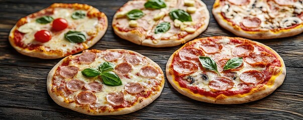 Assorted pizzas with toppings arranged on a rustic wooden table.