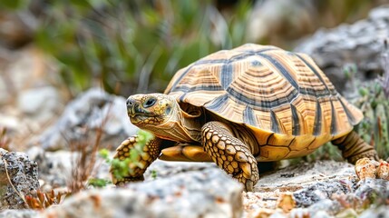 Obraz premium Tortoise Navigating Desert Terrain Slowly