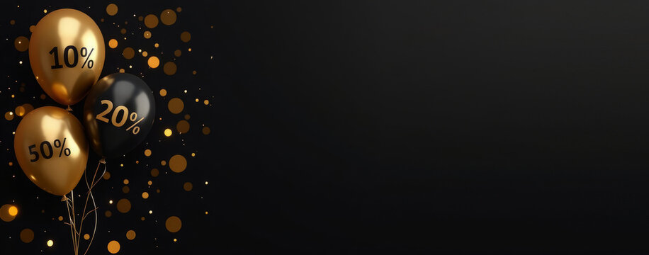 Balloons of gold and black color with inscriptions indicating the nominal value of discounts, dark background festive bokeh. Concept of sale and discounts on Black Friday. Copy space