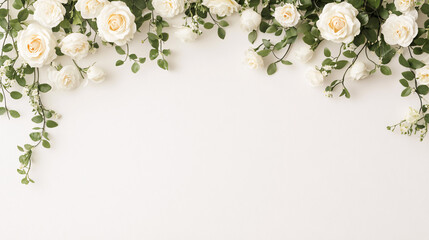 A peaceful blank white page with a lush floral arrangement of one hundred white roses cascading...