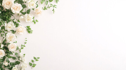 A peaceful blank white page with a lush floral arrangement of one hundred white roses cascading...