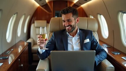 A successful business person relaxing in a private jet with a glass of champagne and a laptop. The scene shows the exclusivity and sophistication of high-end business travel.