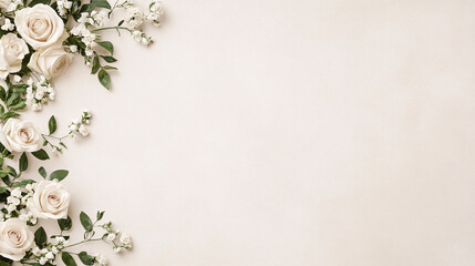 Fototapeta premium This design presents a blank white page with a cascading floral arrangement of one hundred pure white roses in the upper left corner. The soft, romantic petals and vibrant green foliage create a