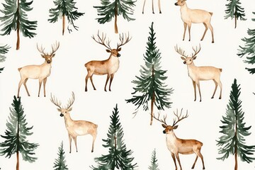 Watercolor art of reindeer with forest backdrop, suitable for wrapping paper.
