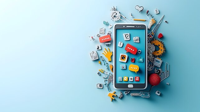 Stylized paper cut depicting a smartphone device with various colorful app icons and notifications popping out from the screen showcasing a modern minimalist and digital art inspired design