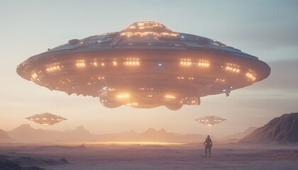 A large, glowing UFO is hovering in the sky over an alien landscape. The spaceship has multiple lights, and its shape resembles that of a flying saucer with round edges