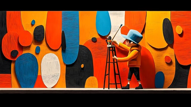 Talented street painting a vibrant abstract mural on a city wall expressing a message of social change activism and community empowerment through their creative public art