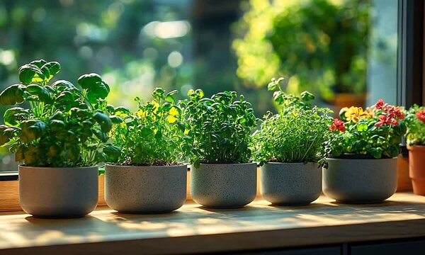 A row of potted herbs basking in sunlight by a window.
