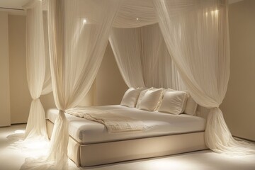 A cozy bedroom with a four-poster bed surrounded by sheer drapes in soft lighting
