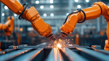 Robotic arms precisely and efficiently assembling and welding steel frames in a modern high tech manufacturing plant