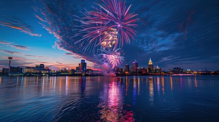 Vibrant Fireworks Display Over City Skyline at Dusk