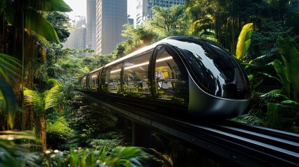 Futuristic train gliding through lush urban jungle environment at dawn