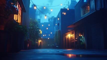 Fototapeta premium A quiet evening in a dimly lit urban alleyway adorned with glowing lights