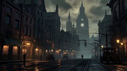 Fototapeta premium the dark and gritty streets of a steampunk metropolis, where towering clockwork buildings cast long shadows and the air is thick with the scent of coal and oil.