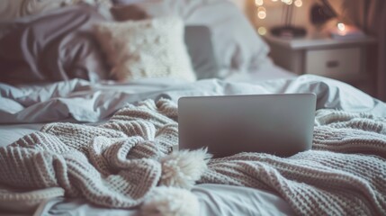 Working Remotely from Cozy Bed with Laptop