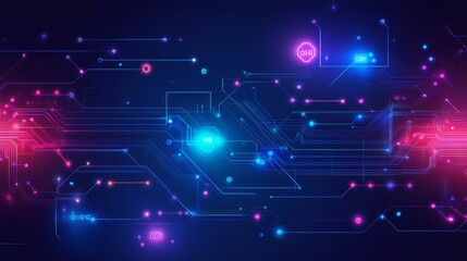 Colorful digital circuit board design with glowing elements in a dark background