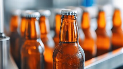 Automated beer bottling line in a modern brewery facility showcasing the efficient and streamlined manufacturing process of bottling and packaging beer products