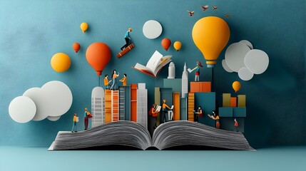 Visually striking paper cut representation of an inclusive library setting that promotes education access and knowledge sharing for people of all ages within a community