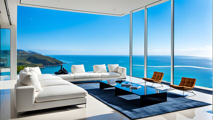 Luxury architecture, ocean front property landscape. Modern living room interior design with sleek contemporary designer furniture, minimalist decor large windows, panoramic coastal view background.