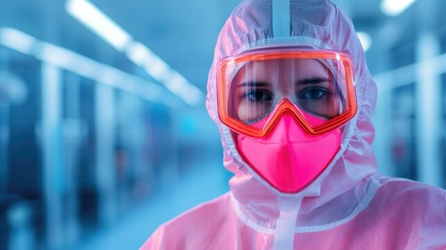Close up of a worker in protective gear inspecting semiconductor wafers on a production line in a high tech cleanroom during the electronics manufacturing process