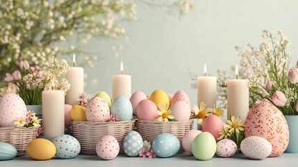 Obraz premium A table is covered with Easter eggs and candles