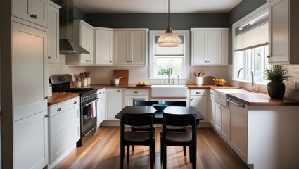 Fototapeta premium Midcentury modern kitchen with black and white cabinets, matte black fixtures, white quartz countertops and backsplash and walnut wood furniture interior design