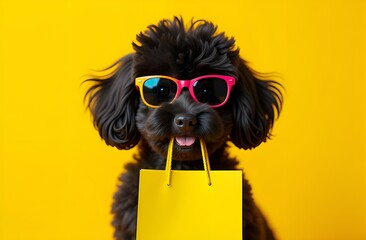 Black poodle dog wearing sunglasses holding yellow shopping bag against bright yellow background. Black Friday shopping and retail concept. Design for banner, poster, header