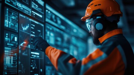 Engineers using a holographic display to visualize production data and monitor machinery in a futuristic advanced industrial facility  Holographic data visualization