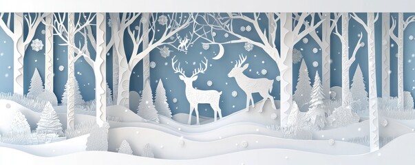 Classy Christmas greeting card in papercraft design with deer in a snowy forest.
