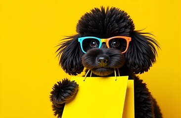 Obraz premium Black poodle dog wearing sunglasses holding yellow shopping bag against bright yellow background. Black Friday shopping and retail concept. Design for banner, poster, header
