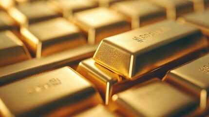 Stacks of glimmering golden bars arranged in a captivating display their surfaces reflecting light and casting a warm opulent glow  This image showcases the wealth luxury
