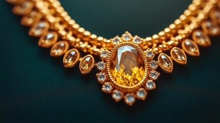 Exquisite golden necklace with a large stunning gemstone centerpiece displayed on a dark moody background showcasing the luxurious lavish and captivating nature of this high end