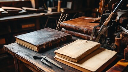A cozy bookbinding workshop with antique tools, Leather-bound books in various stages of binding, Historical artisan style